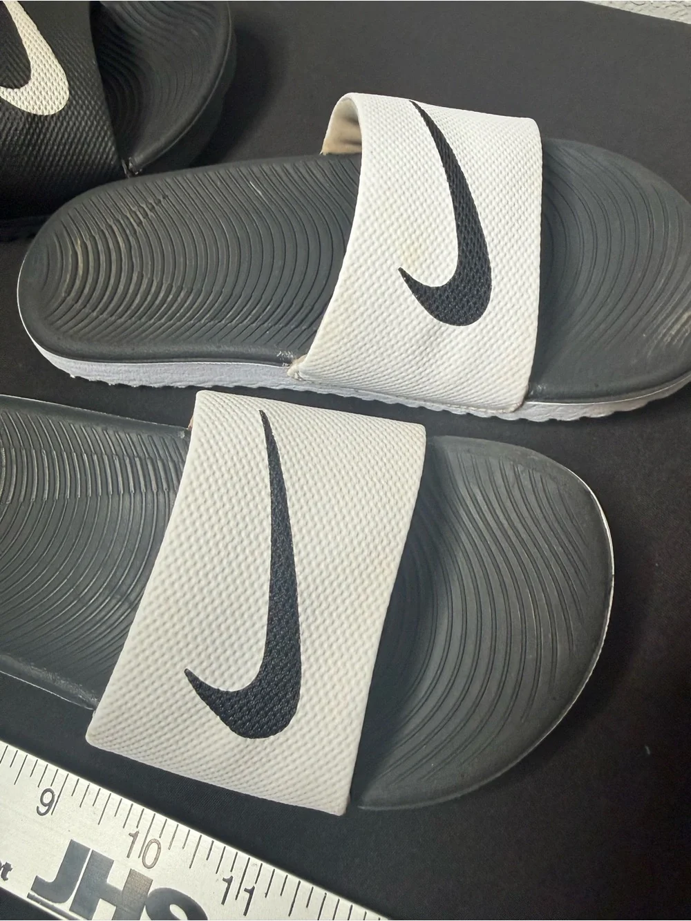 2 pairs Nike Kids Slide Sandals in Black & White with Swoosh size 12c